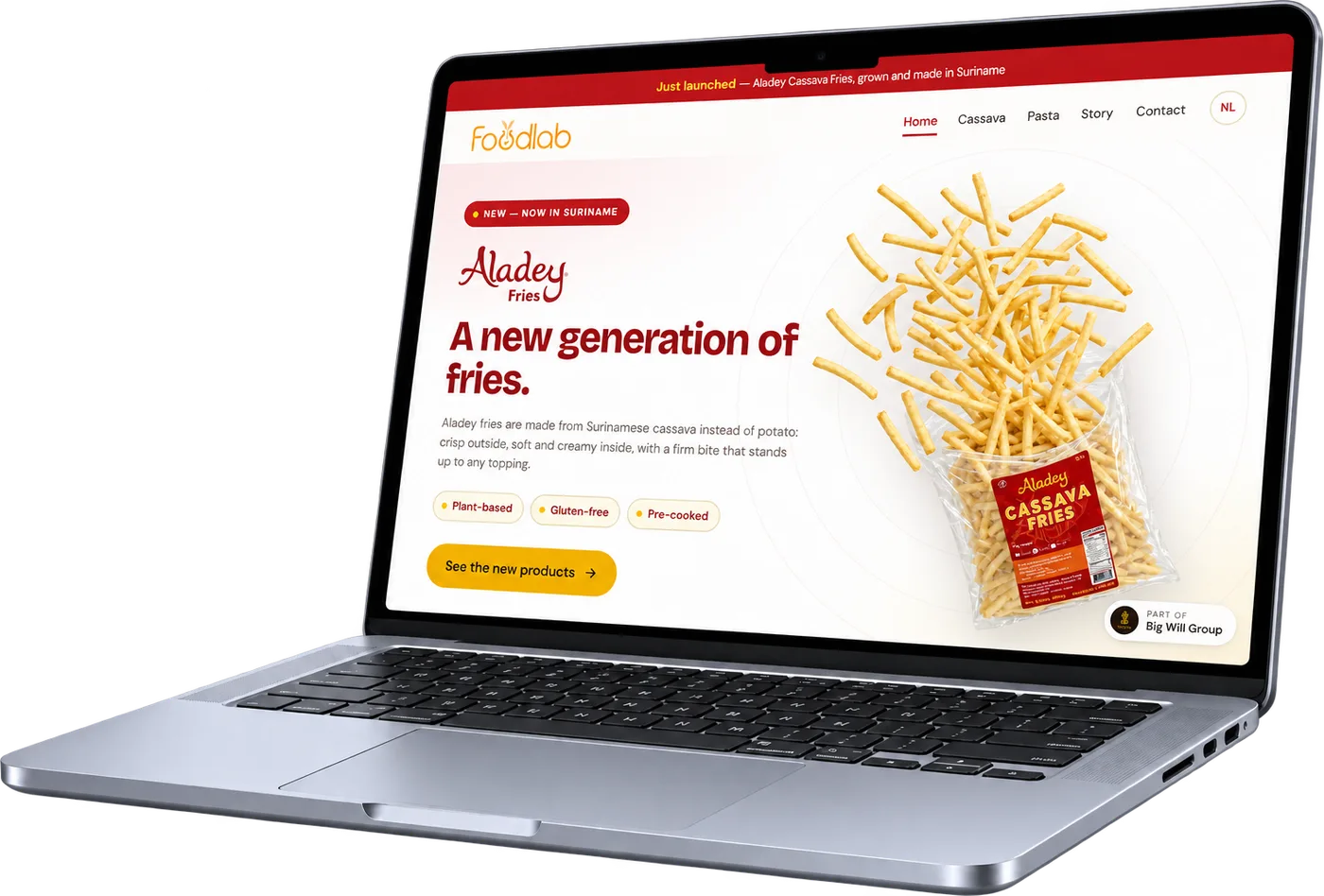 The Foodlab website on a laptop: Aladey cassava fries under the headline A new generation of fries