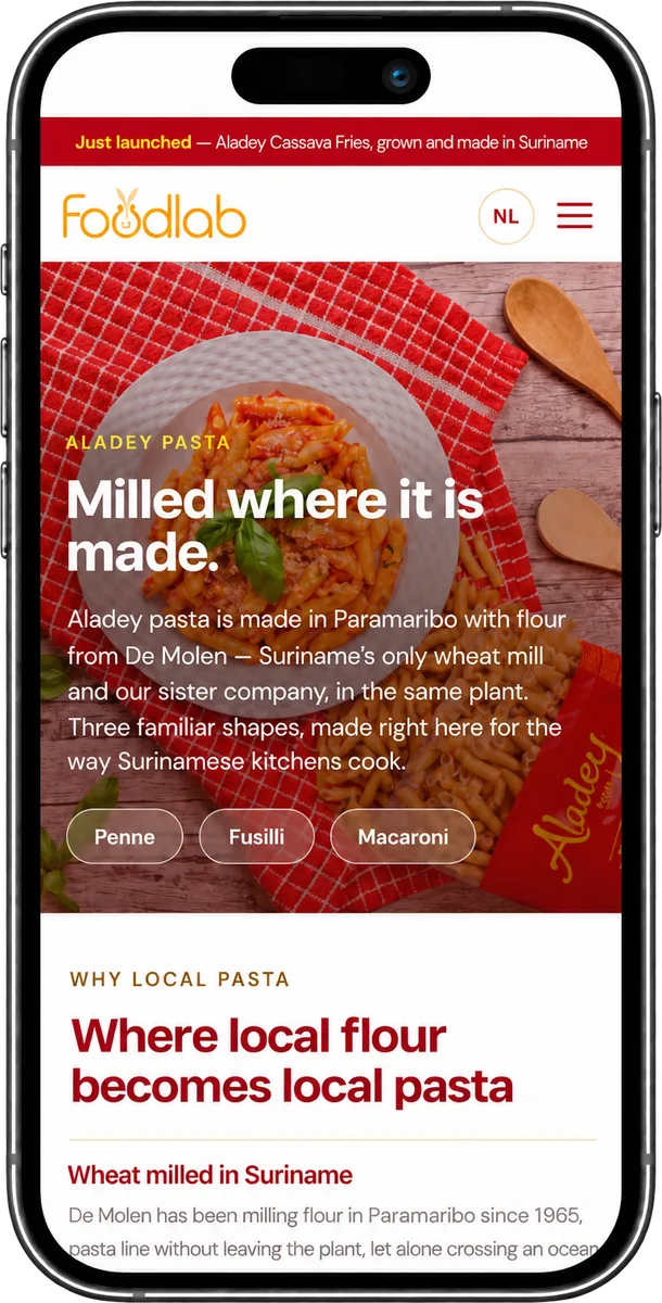 Phone view of the pasta page: Milled where it is made, with the Dutch language switch and the penne, fusilli and macaroni shapes