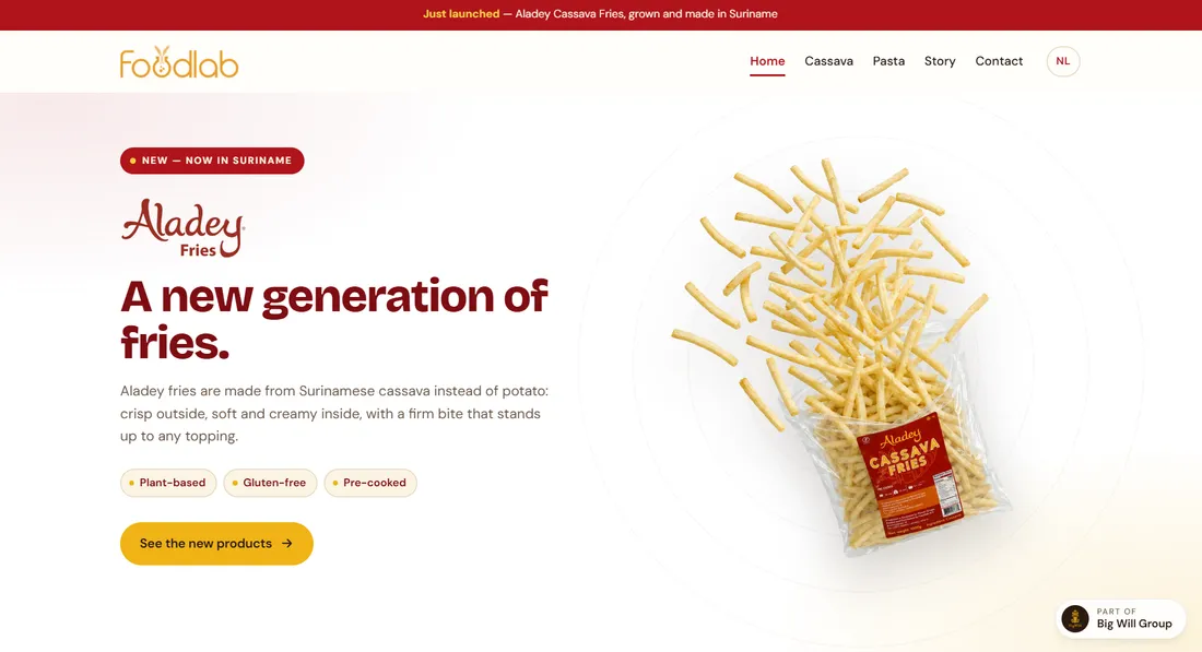 Landing section: a plate of Aladey cassava fries under the headline A new generation of fries