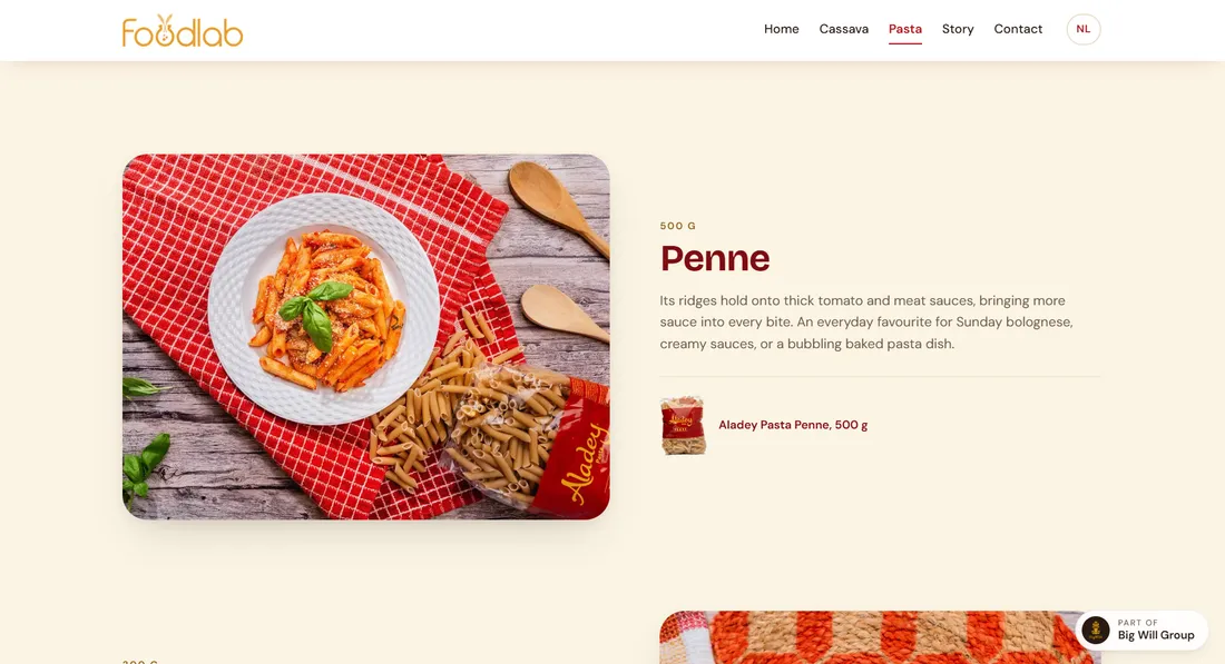 Aladey Penne on the pasta page, plated and described