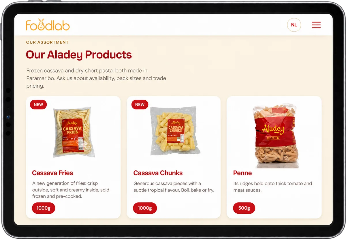 Tablet view of the Our Aladey Products section: cassava fries, cassava chunks and the pastas as product cards