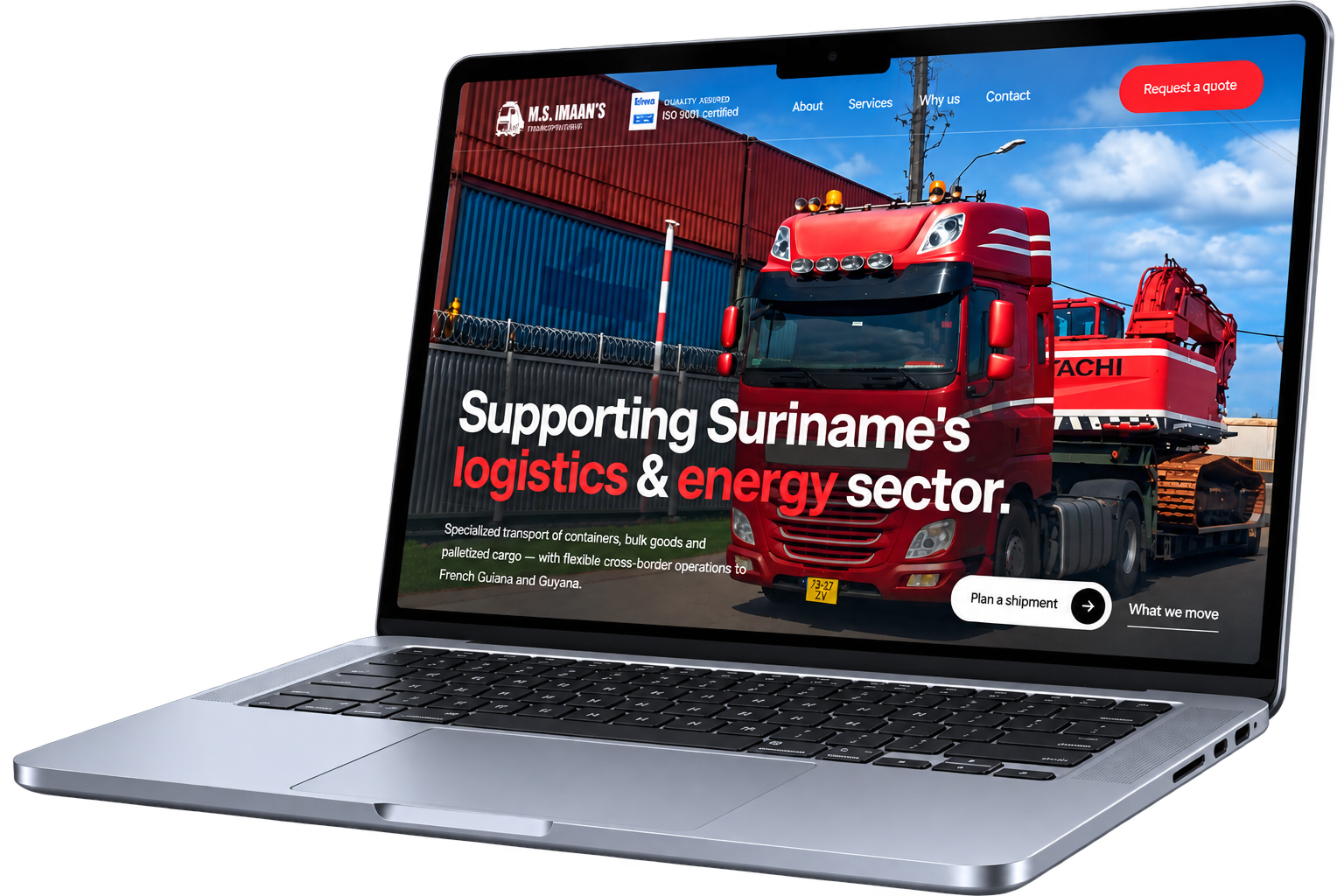 M.S. Imaan's Transport website displayed on a laptop, featuring the company's red truck