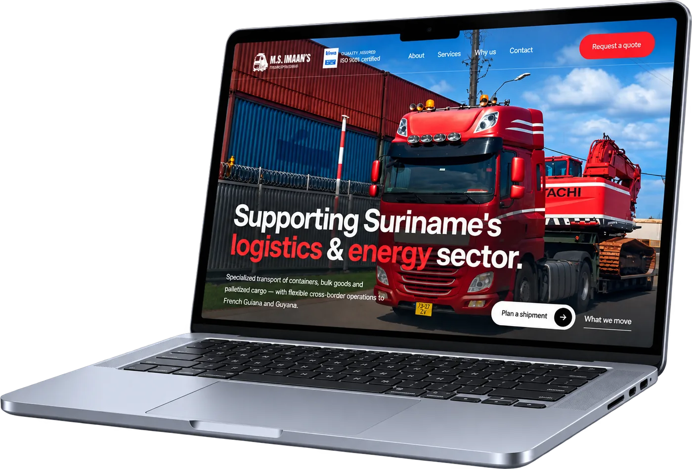 The M.S. Imaan's Transportbedrijf website shown on a laptop
