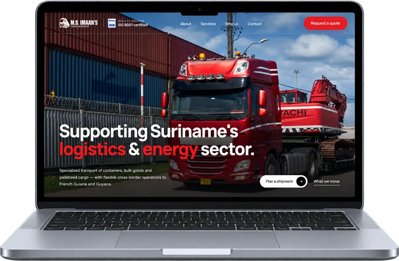 Laptop mockup showing the homepage, red truck, ISO certification and shipment enquiry actions