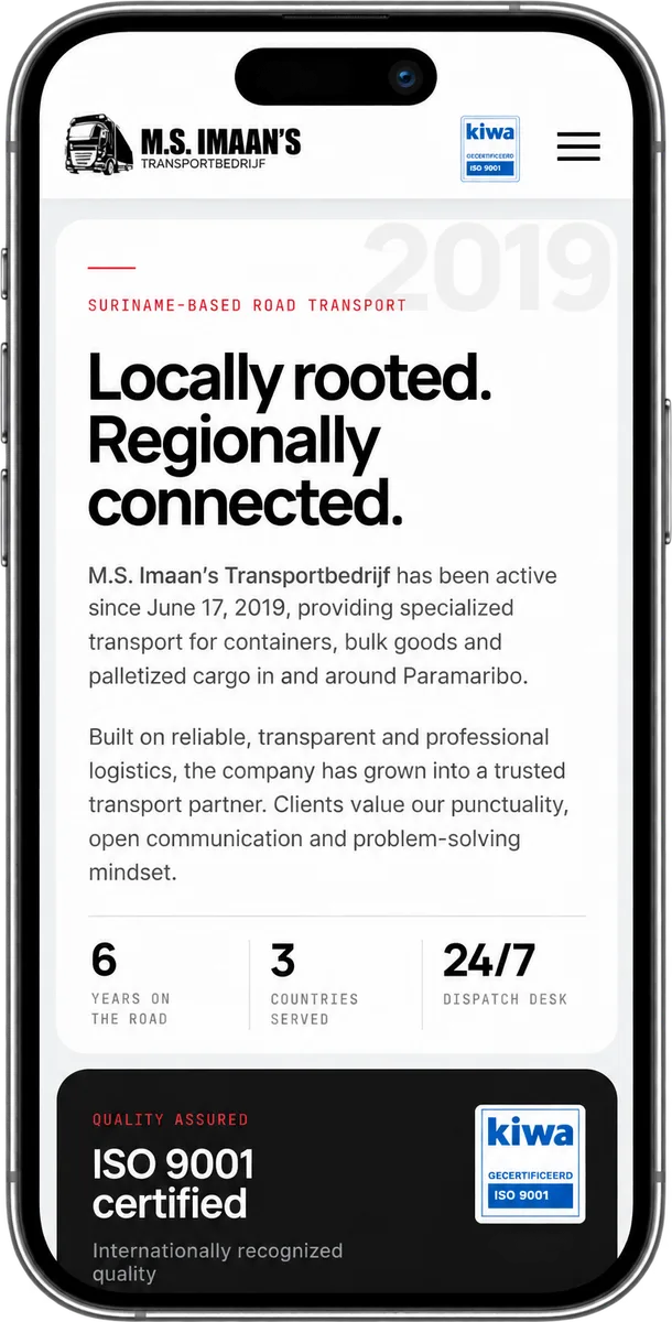 Phone mockup showing the company story, regional coverage and ISO 9001 certification