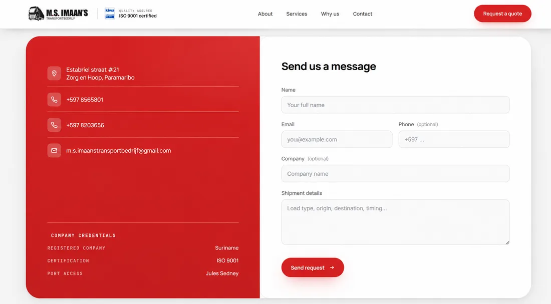 Contact section: address, two phone numbers, email and the shipment enquiry form
