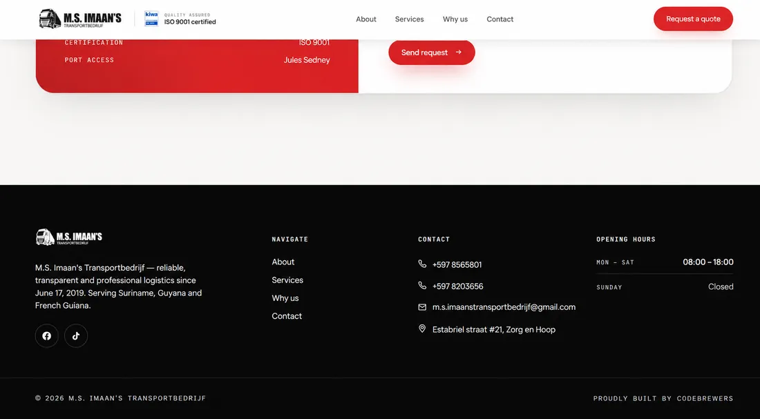 Footer: company details, navigation and the ISO 9001 certification badge