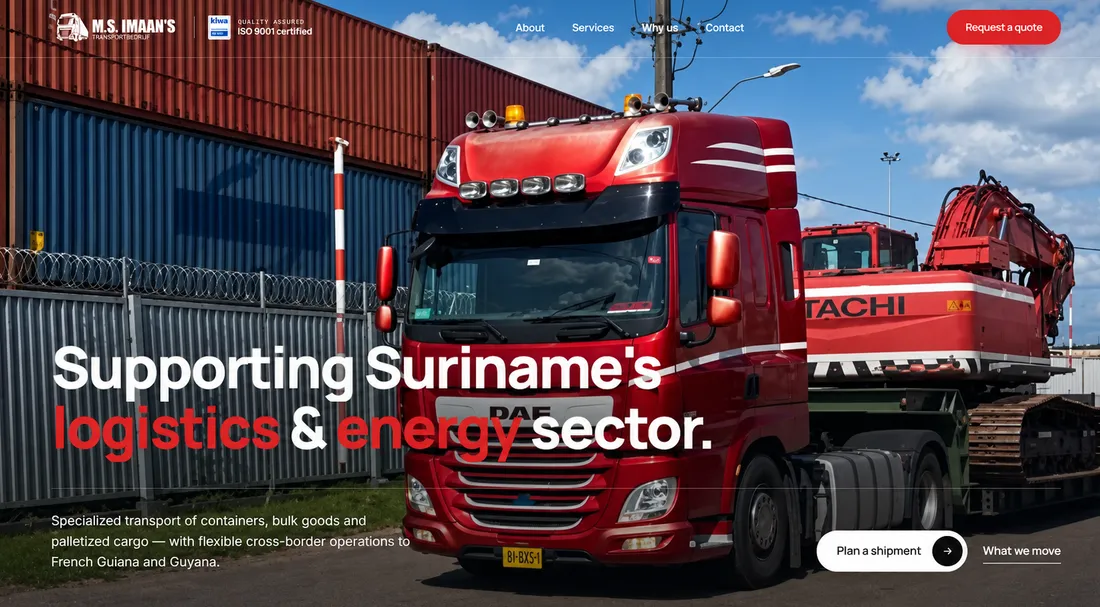 Landing section: red truck hauling an excavator under the headline Supporting Suriname's logistics and energy sector