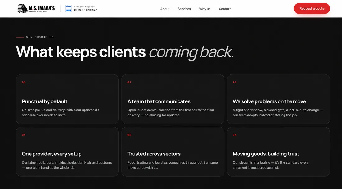 Why us section: punctual by default, a team that communicates, problems solved on the move