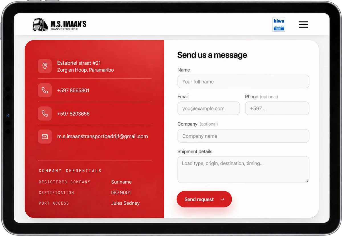 Tablet view of the contact details and shipment enquiry form