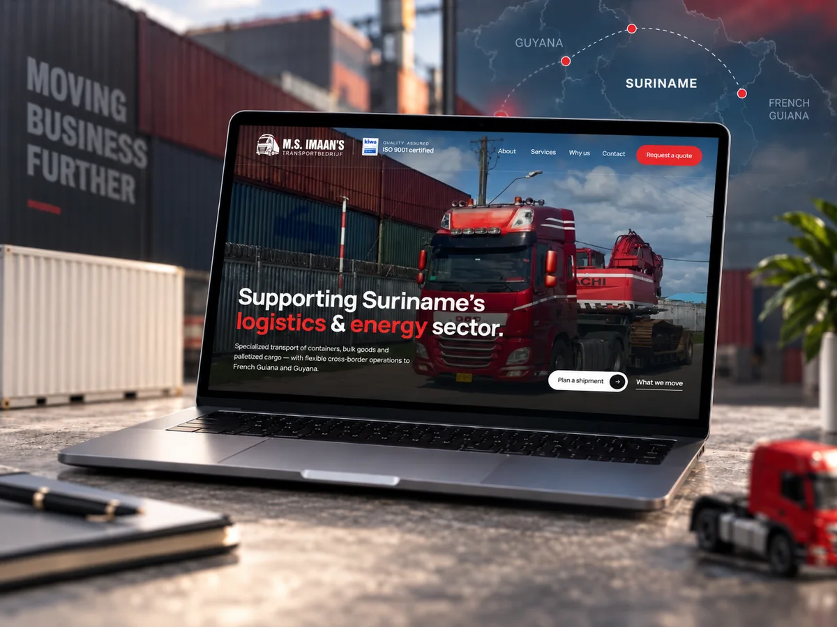 The M.S. Imaan's Transportbedrijf website shown on a laptop