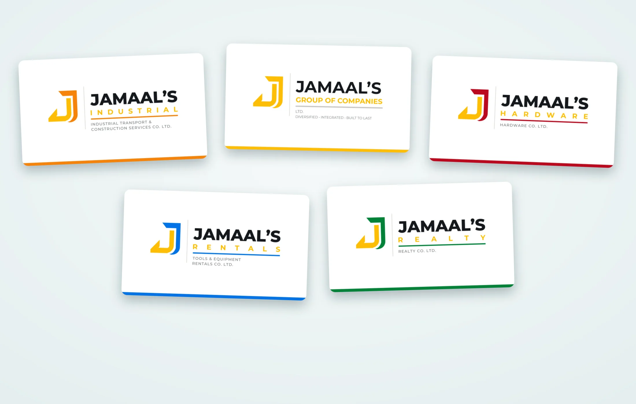 All five Jamaal's business cards laid out together — Group of Companies, Industrial, Hardware, Rentals and Realty