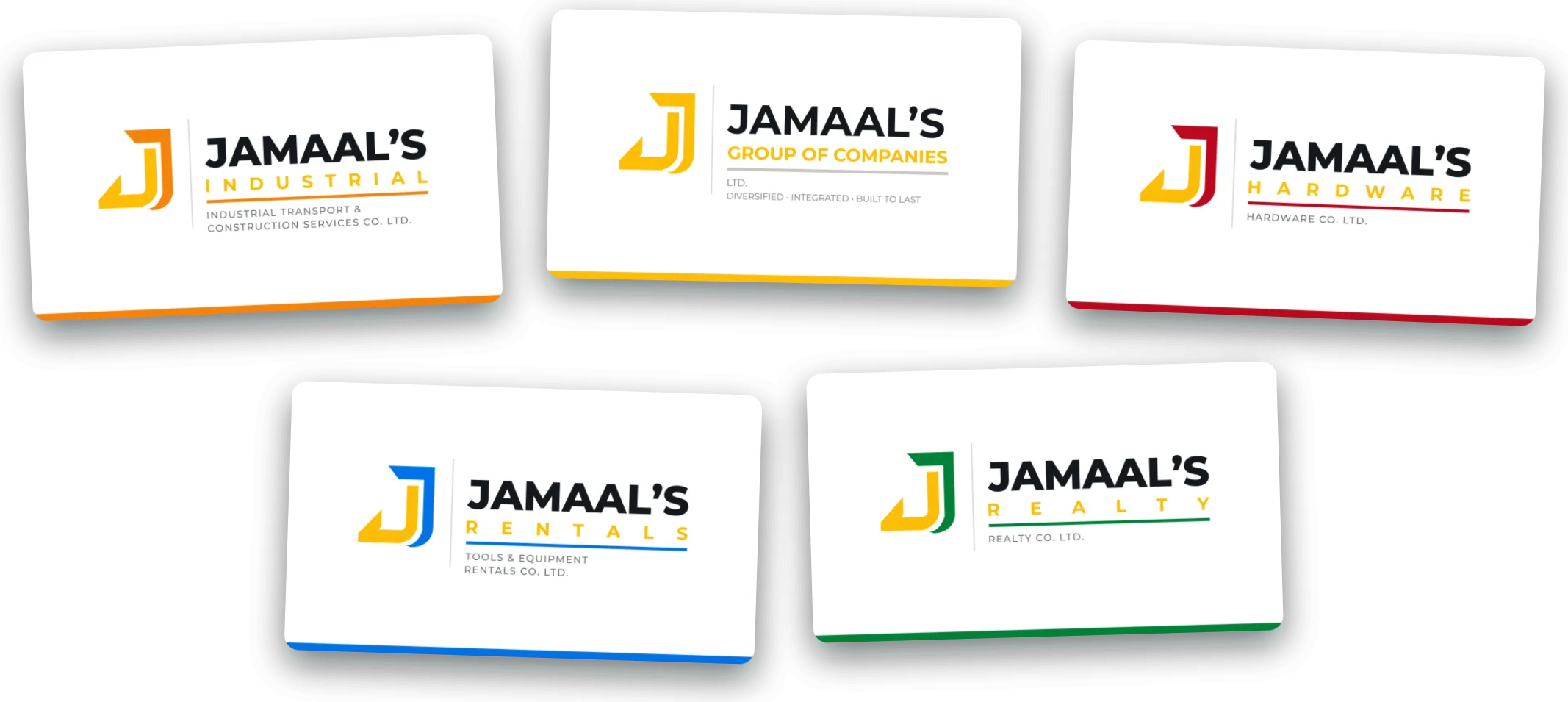All five Jamaal's business cards showing the redesigned identity family
