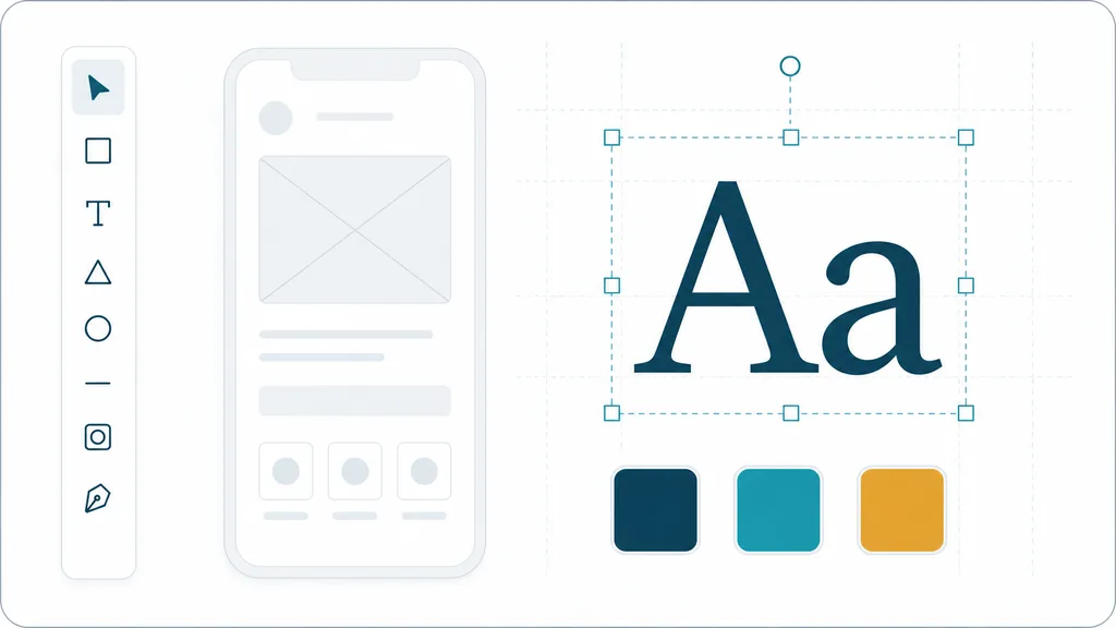 Design interface with mobile wireframe, typography controls and brand color swatches