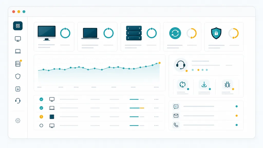 Managed IT dashboard showing device health, monitoring, updates and support activity